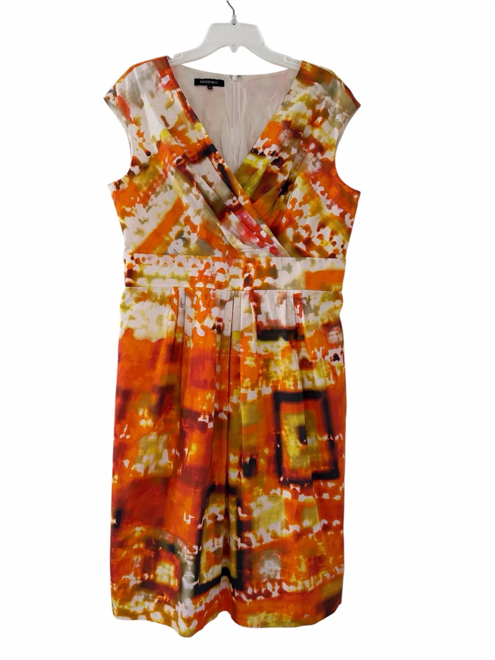 Lafayette 148 New York Orange Abstract V-Neck Dress Size 14